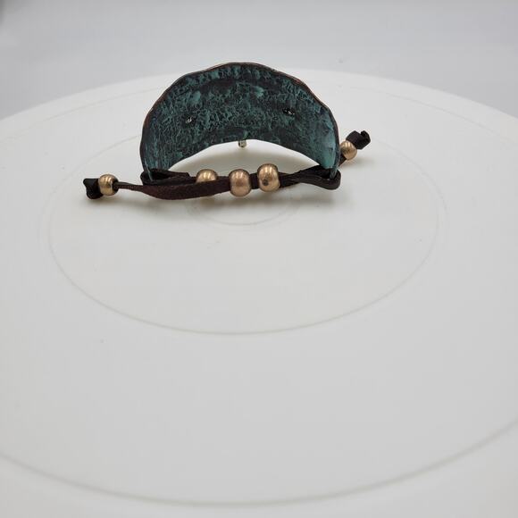 Vtg Native Thunderbird Cuff Bracelet 9" Hammered Green Silver Leather Phoenix - Picture 8 of 12